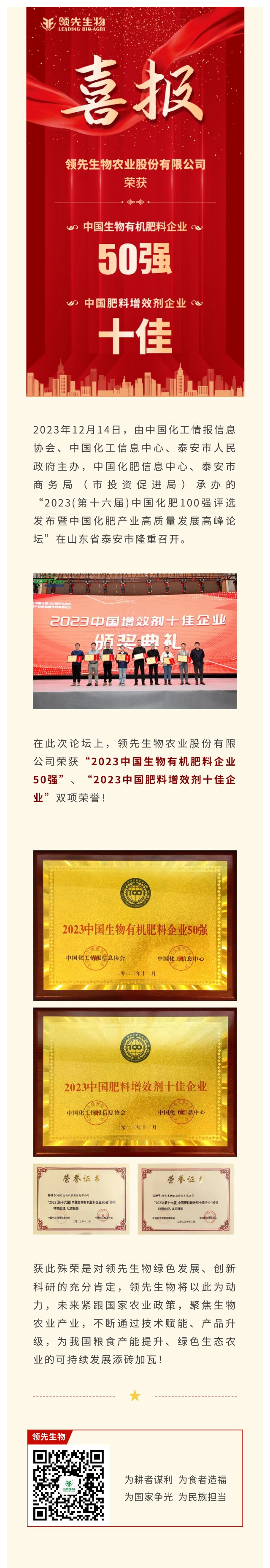 實力上榜 | 領(lǐng)先生物榮獲2023中國生物有機(jī)肥料企業(yè)50強(qiáng)！中國肥料增效劑十佳企業(yè)！